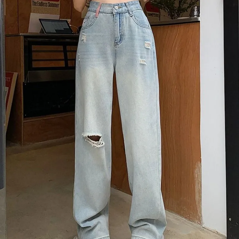 2024 Spring/Summer Korean Edition New Perforated Wide Leg Jeans Thin High Waist Slim Loose Straight Leg Pants