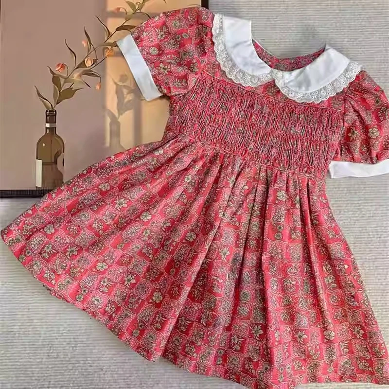 

Handmade Summer Girls Pure Cotton Hand-wrapped Retro Doll Collar Short Sleeve Printed Red Dress Baby Girl Party Boutique Dress