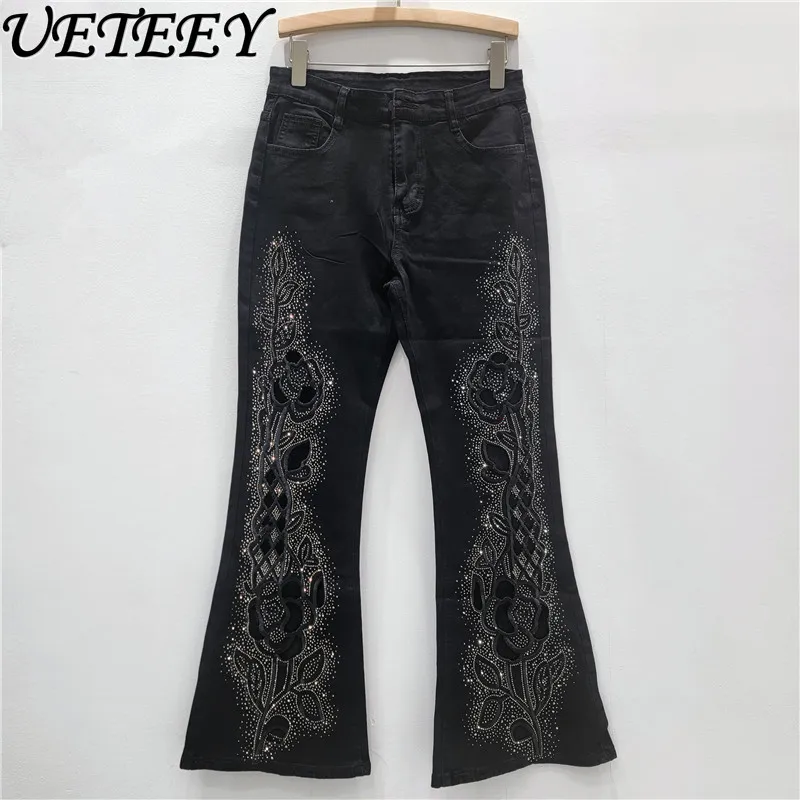 

Модные расклешенные джинсы с тяжелой вышивкой для женщин, осень 2023, новые универсальные утягивающие эластичные джинсовые брюки с высокой талией