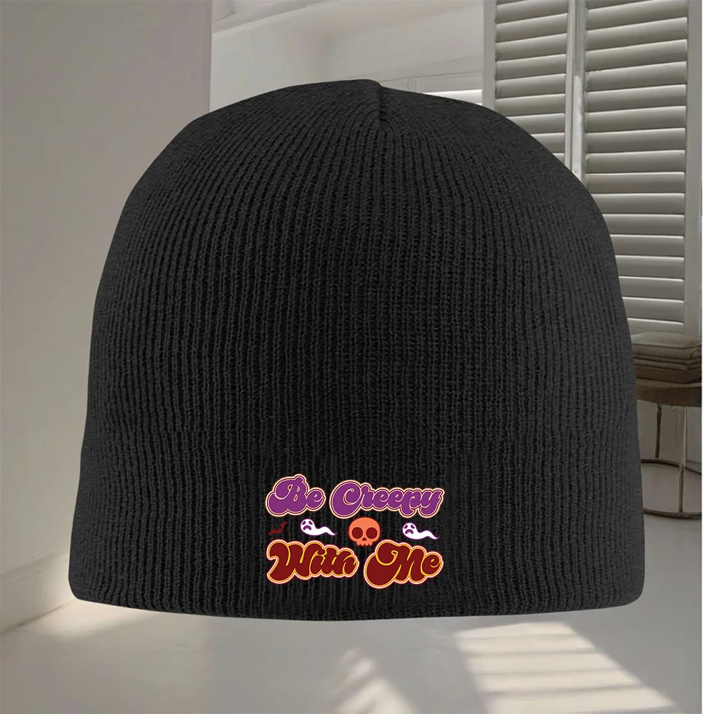 قطعة واحدة من قبعة صغيرة للهالوين - قبعة شتوية مضحكة Skullies مع نص "Be Creepy Win Me"، قبعة جمجمة متماسكة سوداء دافئة للرجال والنساء #1