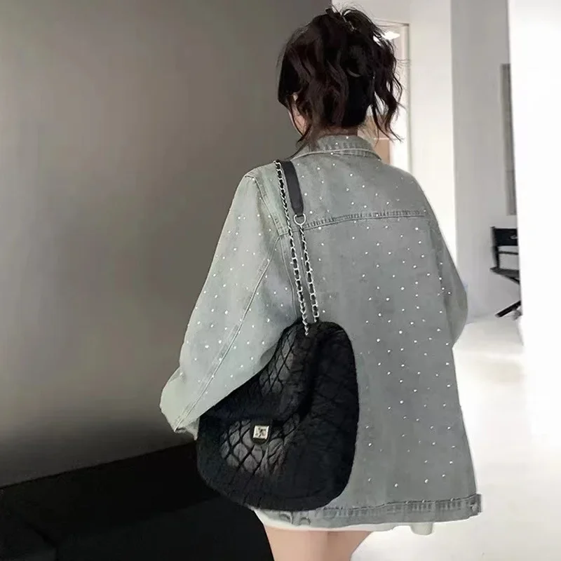 Korean Fashion Shiny Sequins Jean Jacket Women Denim Jackets Female Vintage Loose Denim Coat Girls Casual Outwear Woman Jacket
