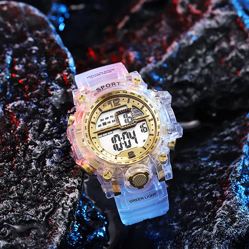 Large dial transparent electronic watch, multifunctional children's sports electronic watch