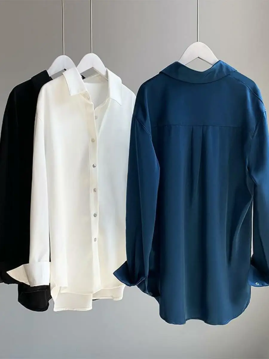 

Silk Feel Drapey irt Women's Spring Autumn Sle Ele Faion Retro Hong Kong Sle Long Sve Design Casual Stand Fit