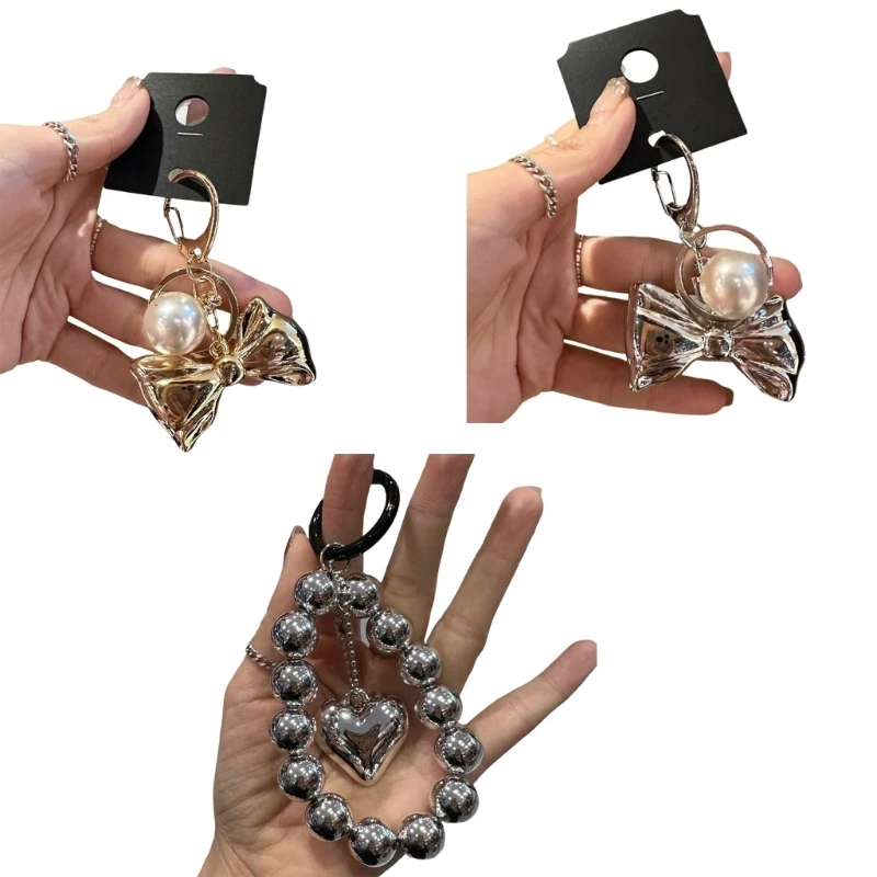 Elegant Pearls Embellished Keychain with Bowknot Heart Adornment Key Accessory