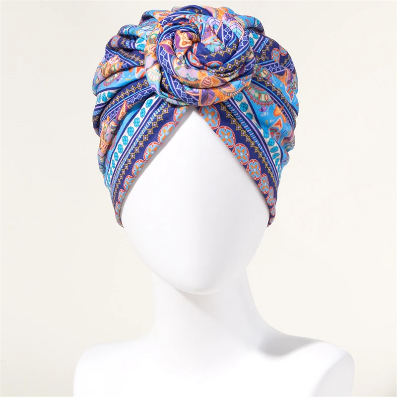 New African Print Pleated Turban Floral Beanie Pre Tied Front Knot Elastic Head Wrap Elegant Women Chemo Cap Bandana Headwear