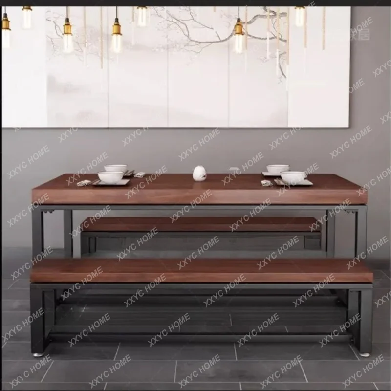XXWrought iron solid wood dining table rectangular catering commercial table restaurant table