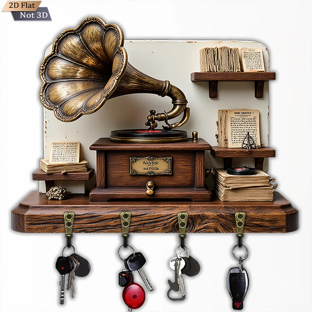 2D Flat, 1pc, Vintage Gramophone-shaped Key Hook, Wooden Multifunctional Household Key Hook, with Four Metal Hooks, Wall Decor,