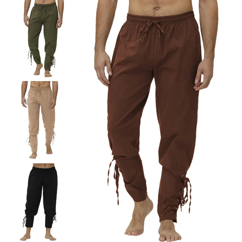 Costume da cavaliere pirata Larp rinascimentale medievale pantaloni vichinghi da uomo pantaloni stringati con fascia alla caviglia completo di lino