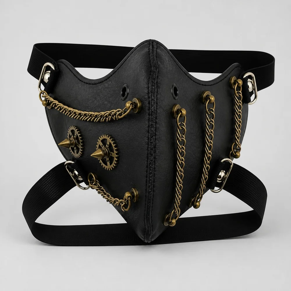 Black Steampunk Chain Half Face Mask Gothic Punk Halloween Costume Cosplay Festival Stage Performance Masquerade Party Accessory