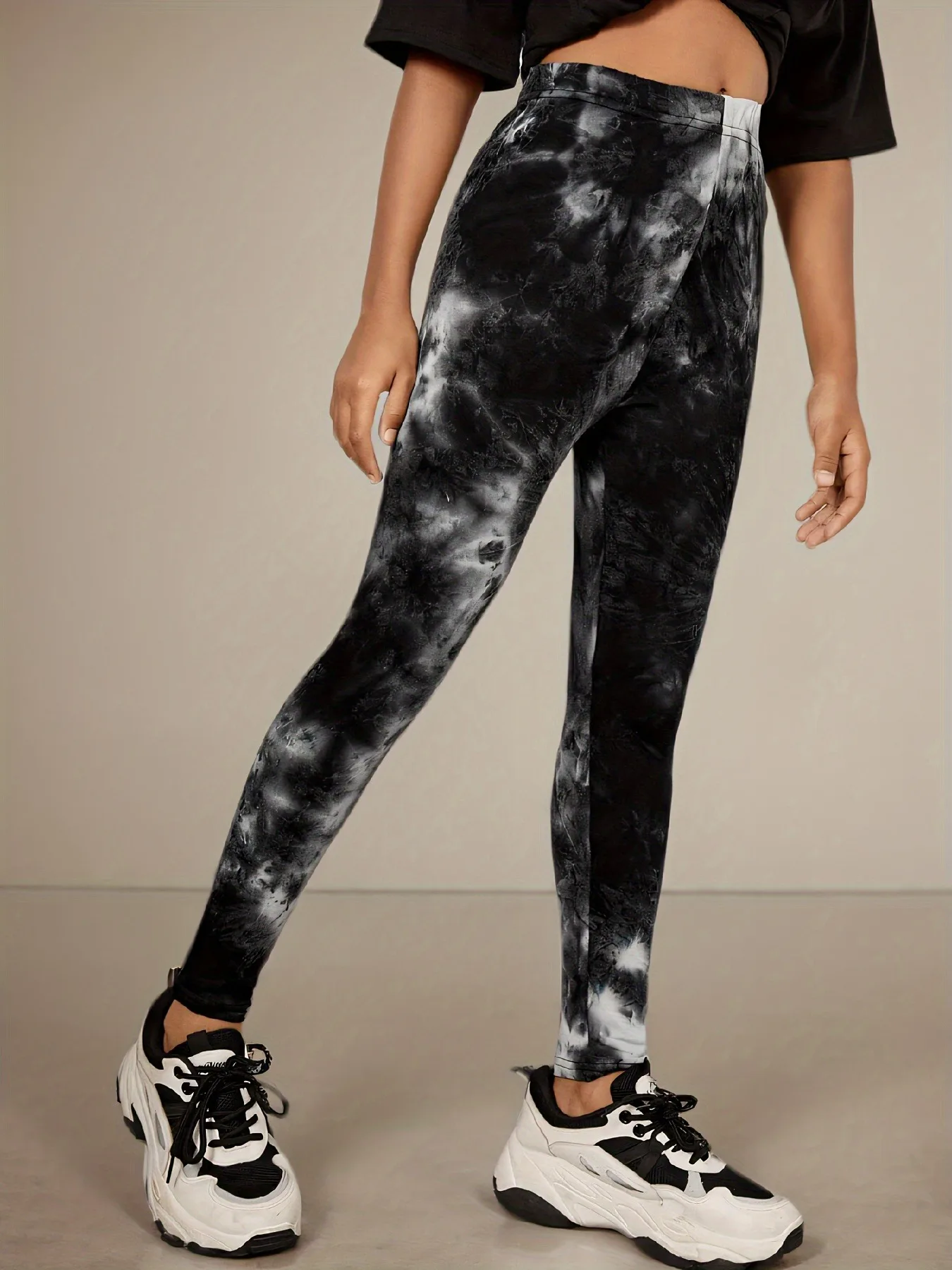 

Trendy Girls Y2K Black Tie Dye Stretchy Skinny Leggings Casual Streetwear Daily Outing All-Match Slim Fit Pants