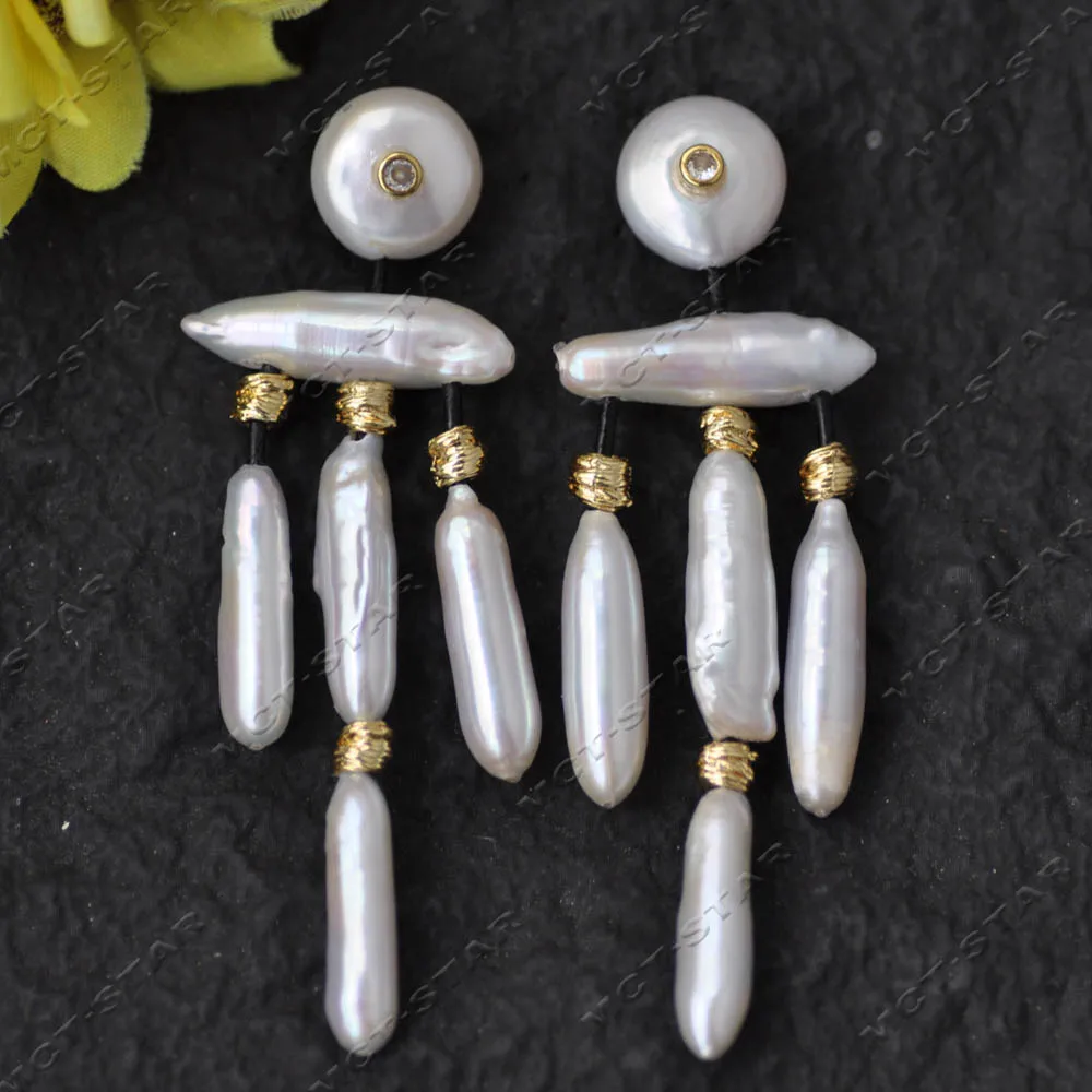 

Z14208 Висячие серьги Creativity 3 дюйма 25 мм с белым цилиндрическим жемчугом и фианитом