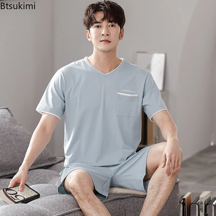New 2026 Men's Summer V-Neck Modal Cotton Short Sleeve Shorts Two-piece Set Sleepwear Leisure Suits Nightwear Pajamas for Men