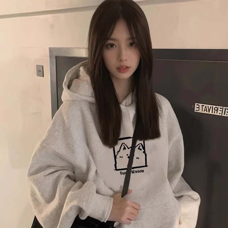 White Gray Korean Cartoon Print Sweatshirt Women Autumn Winter 2025 New Oversize O-Neck Plush Pullover Y2K Tops Ladies clothing