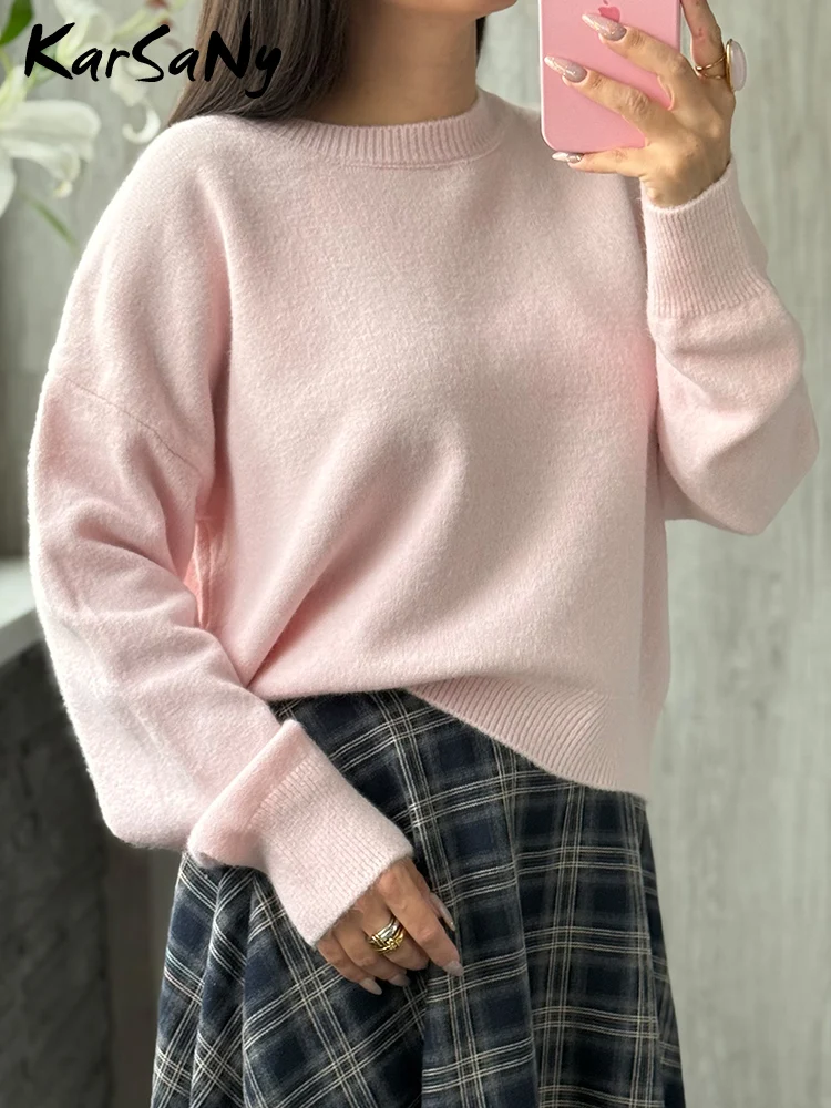 Autumn Short Sweater White Oversize Women Knitted Pullovers Loose Warm Basic Knitwear Pink Sweaters For Women Gray Jumpers Fall