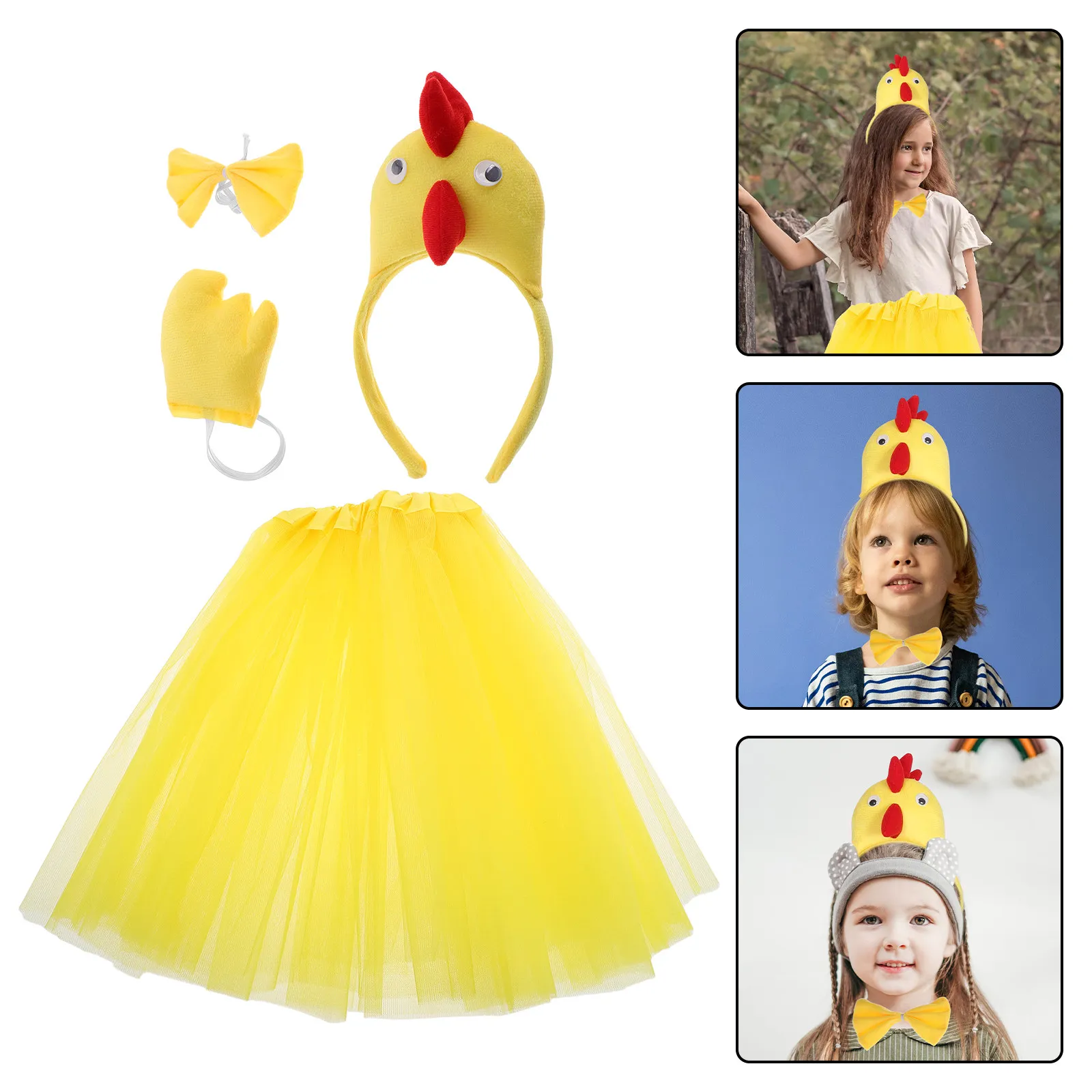 1Set Chick Costume Accessory Set for Toddler Girls Includes Chicken Headband Tutu Skirt Bow Tie Tail Animal Themed Party Dress