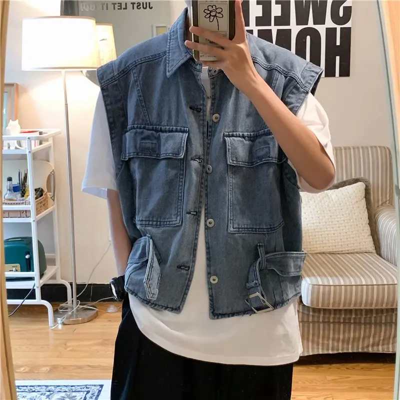 Korean Style 2024 Spring Autumn Denim Vest Boys Youth Fashion Hong Kong Style Versatile Shoulder Jacket Cotton Elastic Denim ...