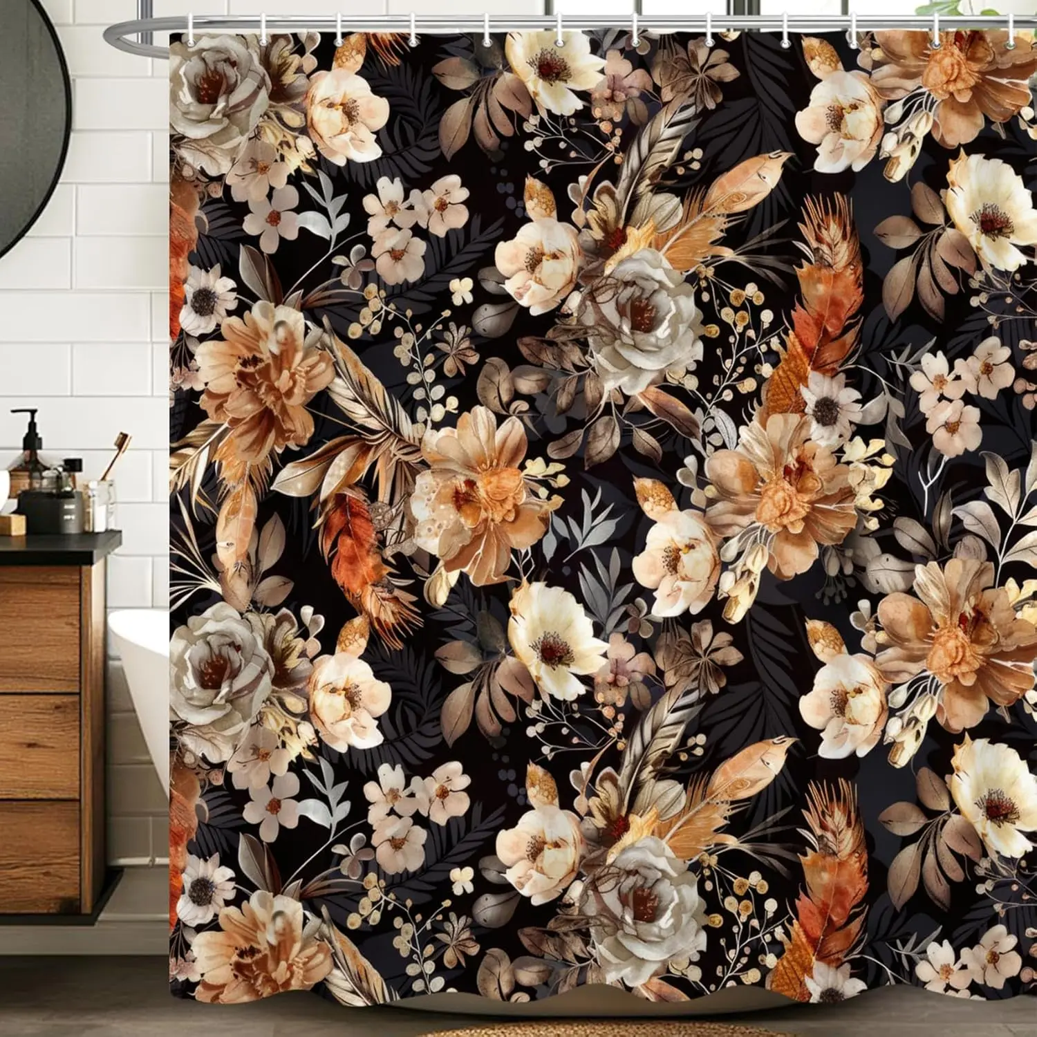 

Элегантная шторка для душа в стиле бохо с коричневыми цветами, листьями и перьями на черном фоне, водонепроницаемая, декоративная, для ванной комнаты