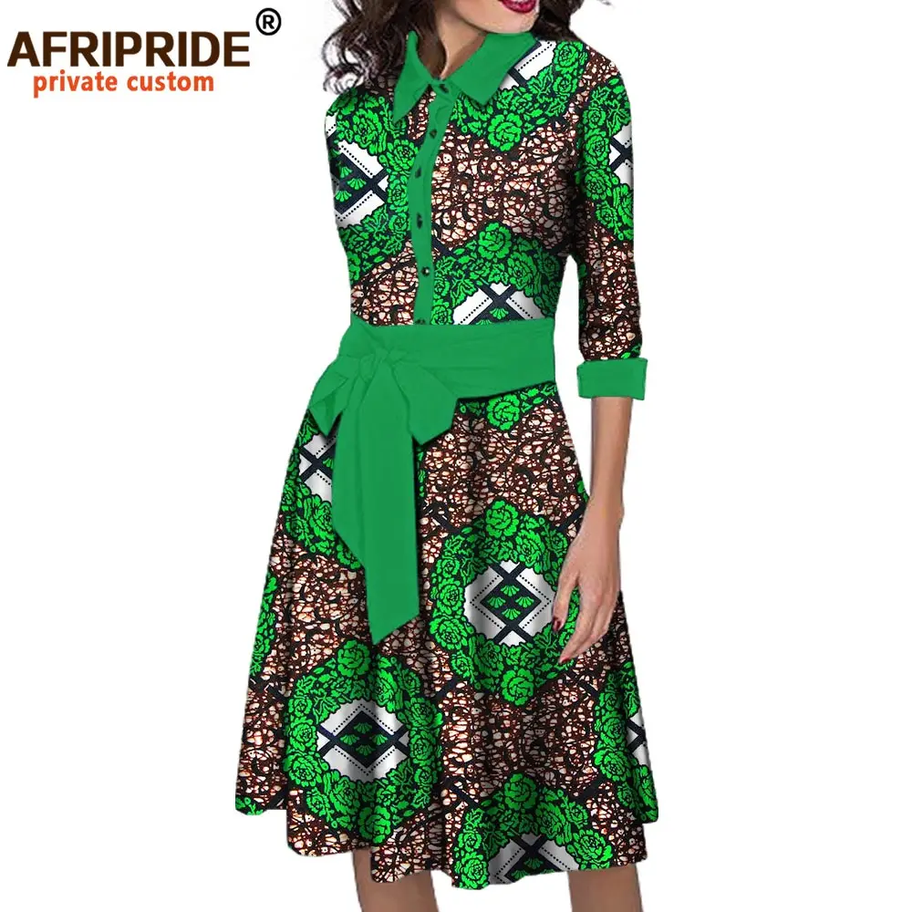 

african spring casual dress for women AFRIPRIDE half sleeve notched collar knee-length women dress with sashes A7225136