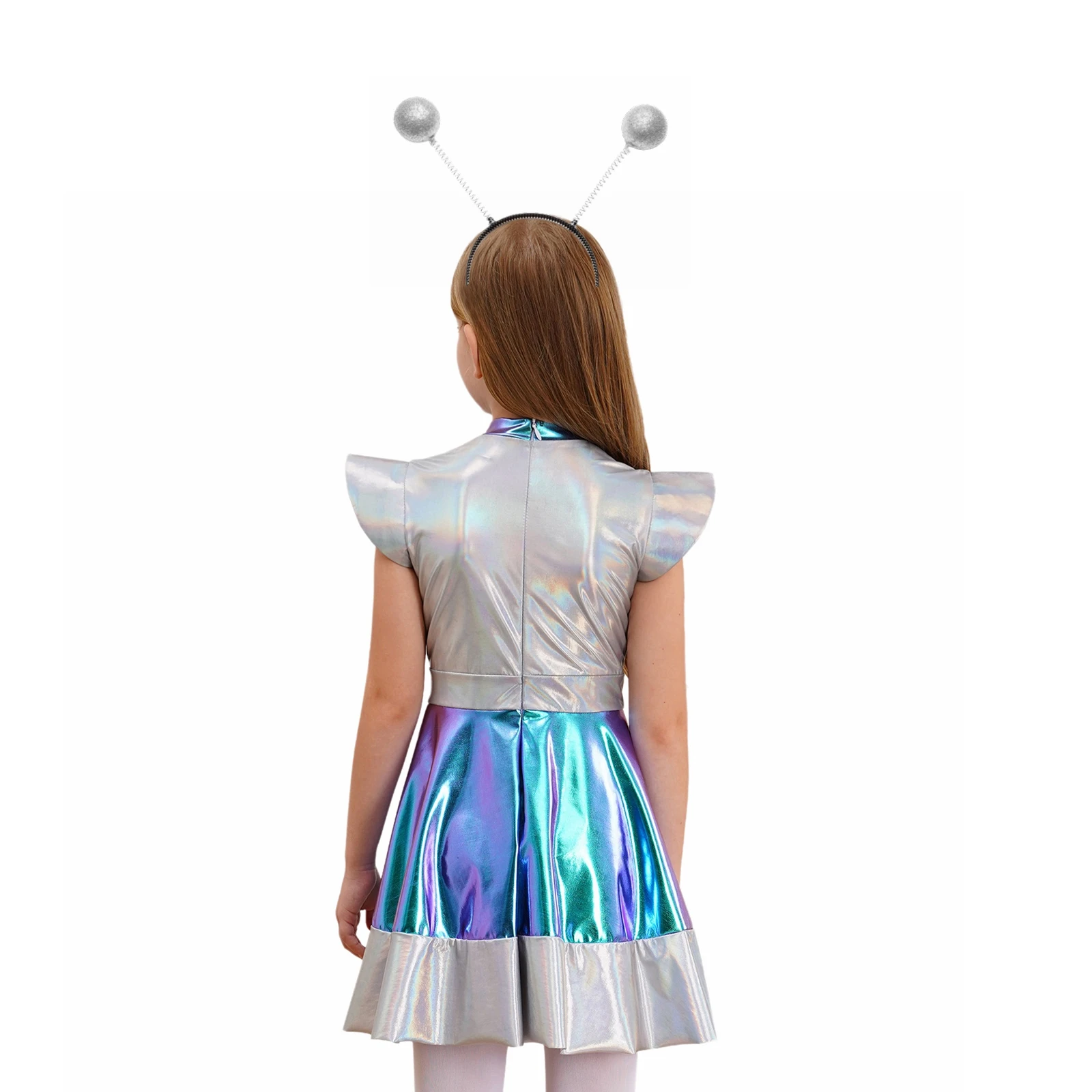 6-16Y Girls Alien Cosplay Costume Cap Sleeve Metallic Shiny Outer Space Cutie Dress with Hair Hoop for Halloween Role Play Party