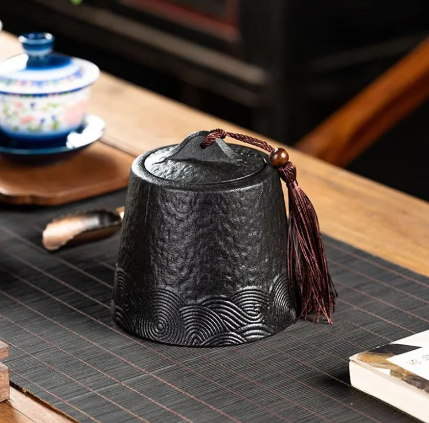 

Retro Style Black Pottery Tea Caddy Ceramic Sealed Cans Office Tea Cans Moisture-proof Tea Storage Tank Decorative Ornaments
