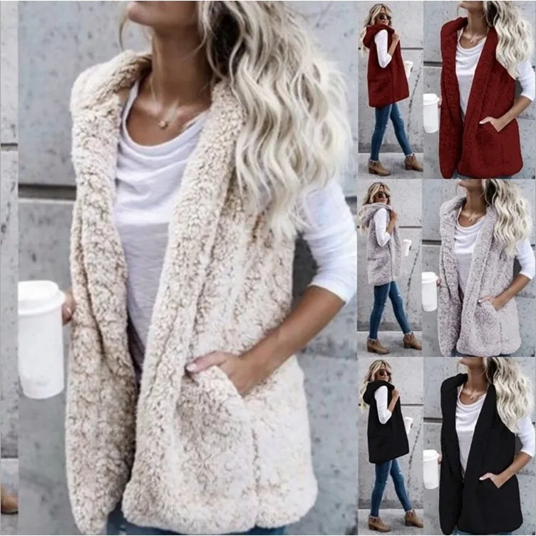

Fall Winter Large Size Women's Faion Color Svel Hooded Vest with kets Furry Vest Middle Length Classic Pattern