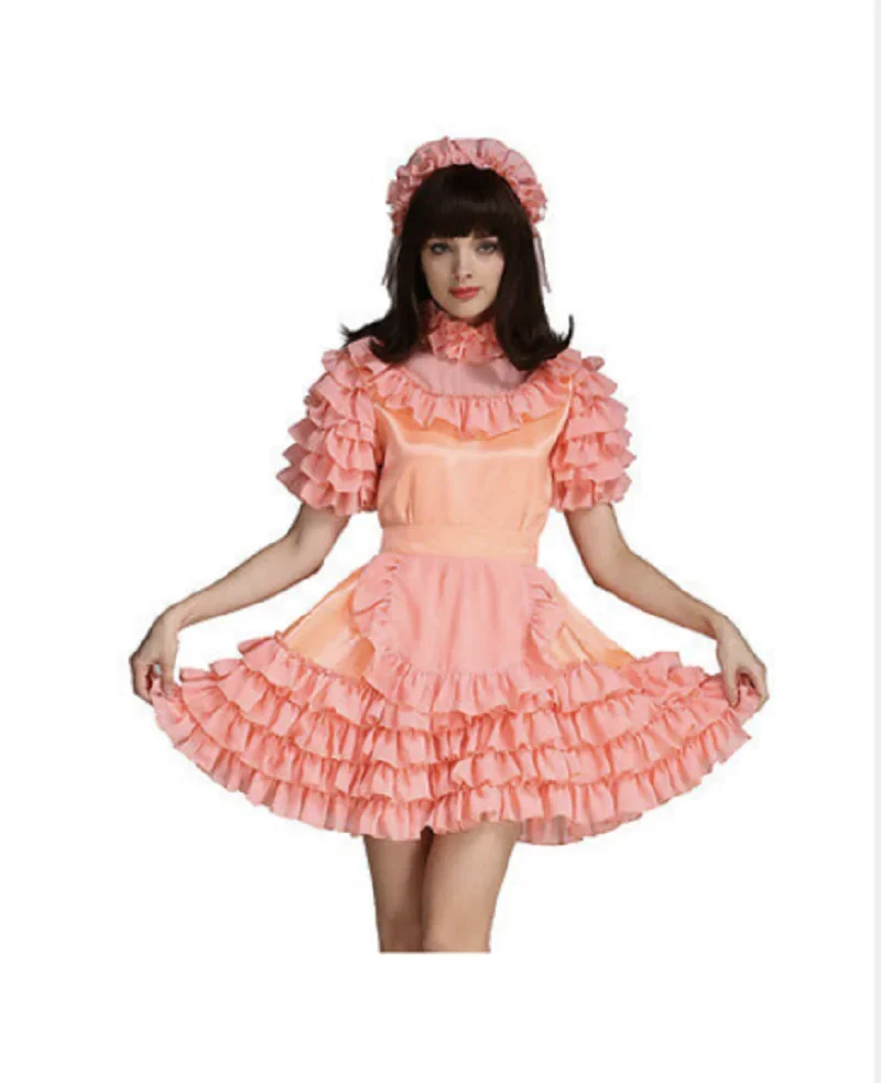 

Lockable Maid Cosplay Dress, Sexy Girly Girl, Orange Satin Customized