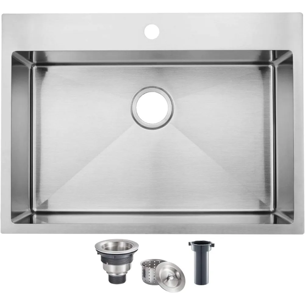 

commercial 28 inch 16 gauge top mount drop-in single bowl basin handmade t304 brushed nickel kitchen sink, stainless steel