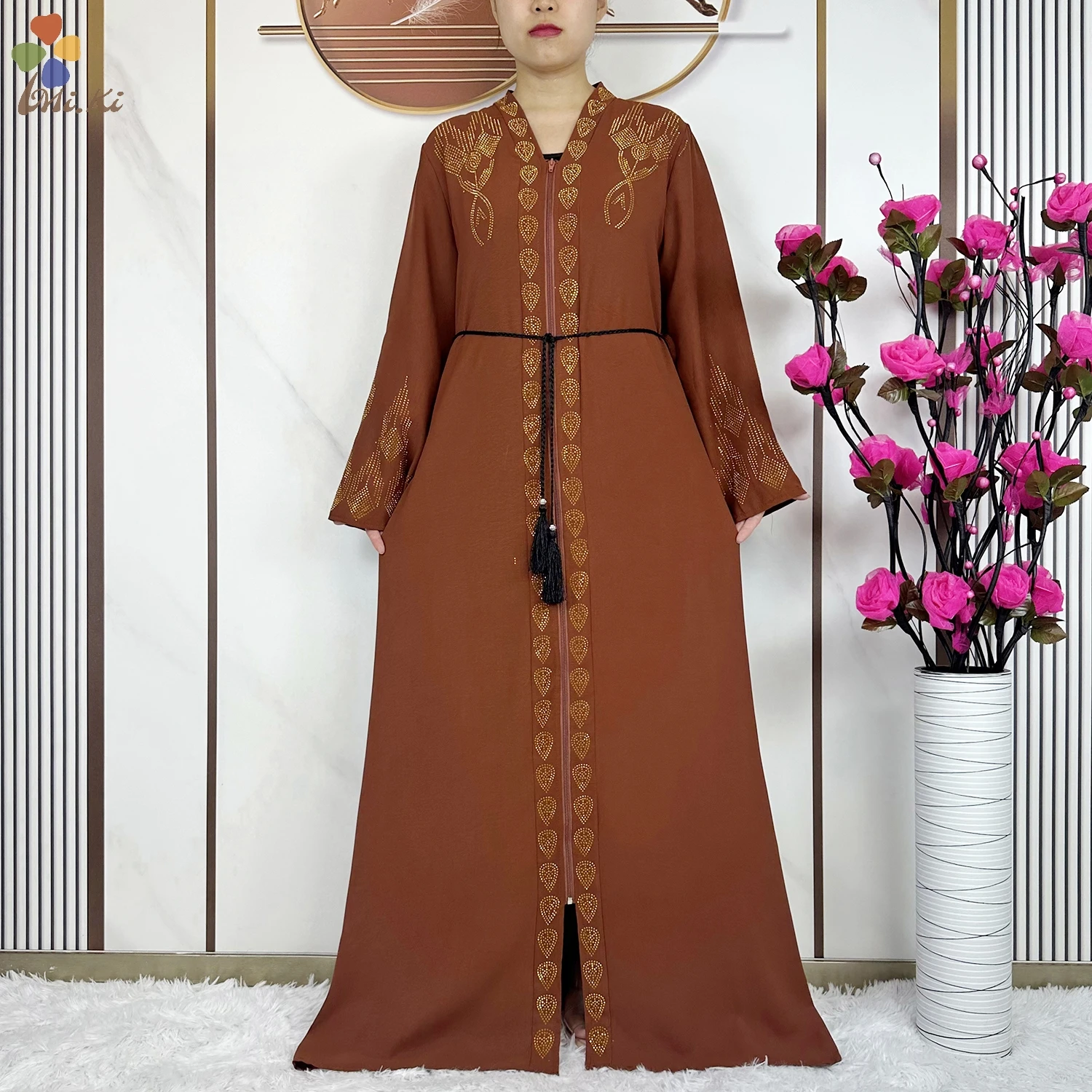 Open Style Muslim Prayer Dress for Women Abaya African Gold Rhinestone Long Cardigan Zipper Robe Dubai Islamic Clothing