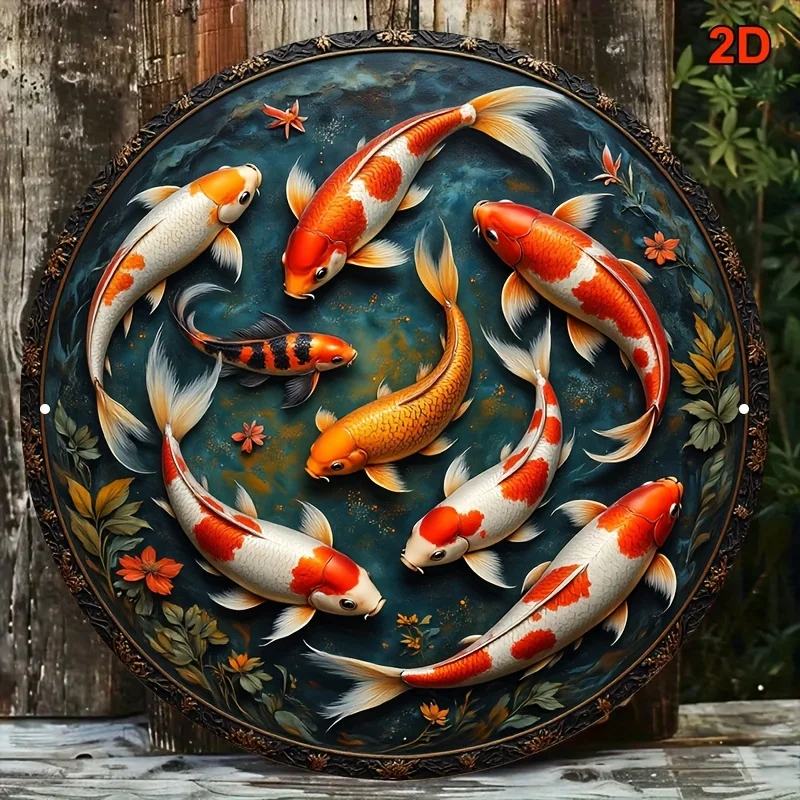 2D Flat - 2D Plane 8.0*8.0 inch Round Aluminum Sign, Retro Decorative Sign Colorful Koi Leaping Over Dragon Gate Pattern, Suitab