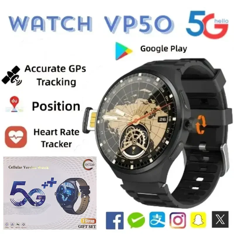2026 VP50 5G Smartwatch 1.75 Inch AMOLED Screen 1500mAh Battery 800W Rotatable Camera GPS WiFi App Support for Men Women