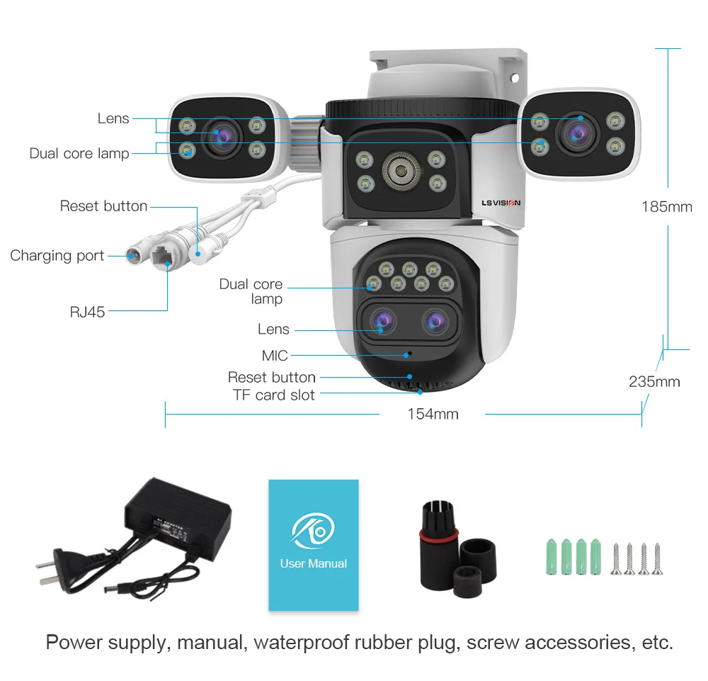 LS VISION 20MP 3-Screen 4-Lens 10X Optical Zoom WiFi Wireless Outdoor Security Camera PTZ with Auto-Tracking Surveillance Camera