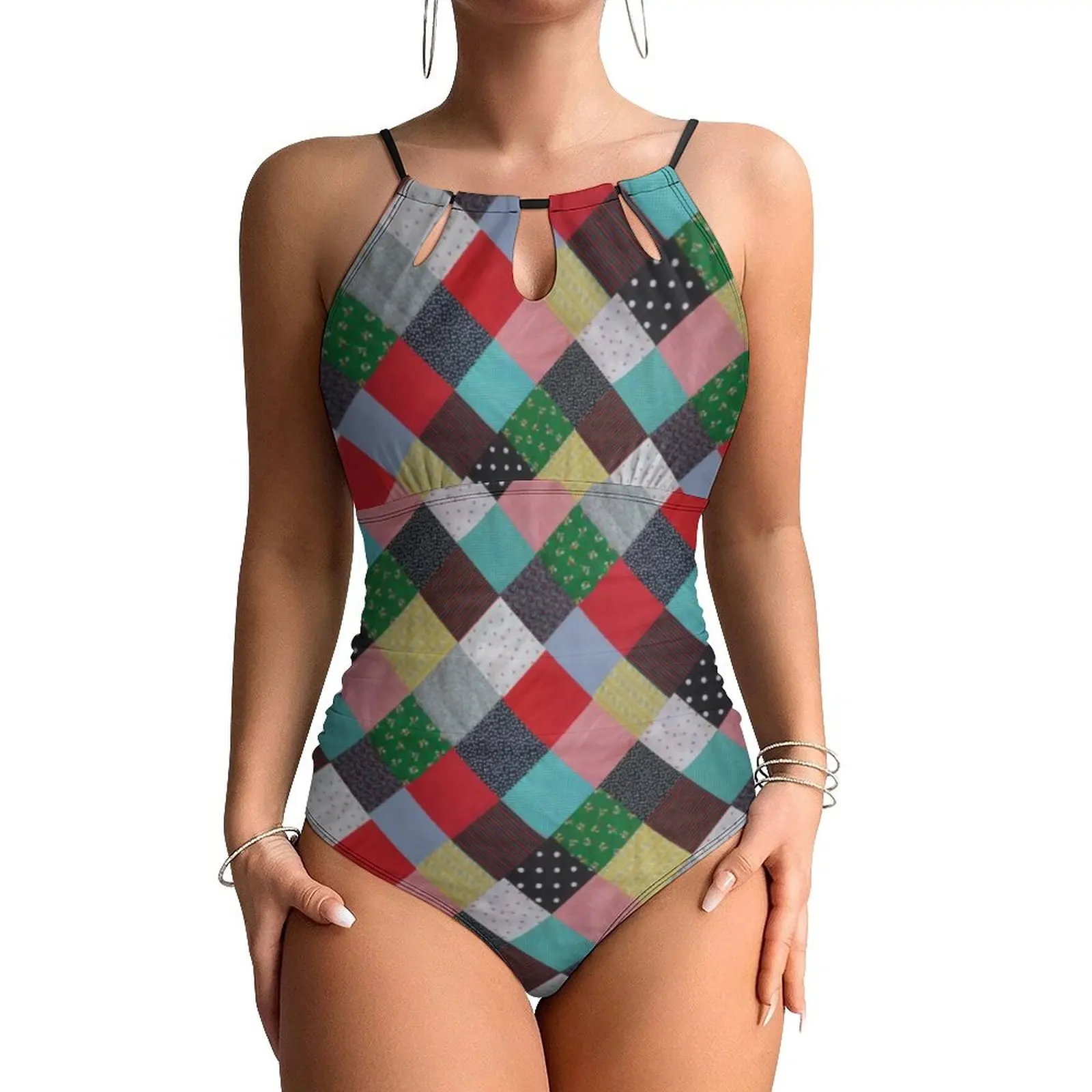 

Squares Of Patchwork Swimsuit Colorful Vintage Pattern Swimwear One Piece Holiday Swim Swimsuits Hollow Out Monokini Women
