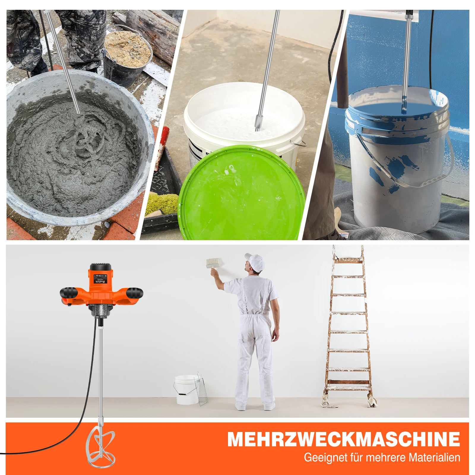 خلاط أسمنتي معدني بقدرة 3000 وات 6 سرعات، أداة خلط جص هاون الطلاء الكهربائي، مجداف تقليب قضيب حلزوني M14