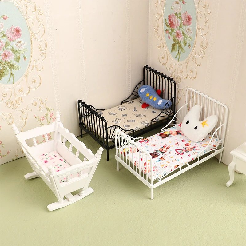 1Set 1:12 Dollhouse Iron European Bed Mini Cradle with Mattress Cushion Ornaments Miniature Furniture Bedroom Decor Toy