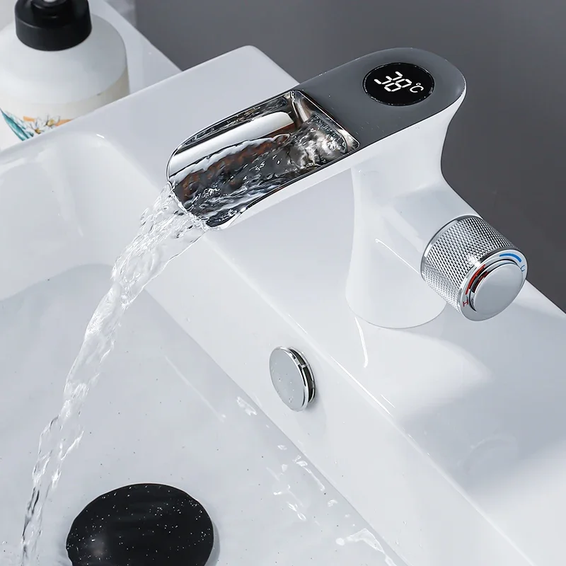 HighQuality Display Constant Temperature Basin Faucet, Cold and Hot Bathroom Waterfall Bathroom Sink Creative Faucet Onsale