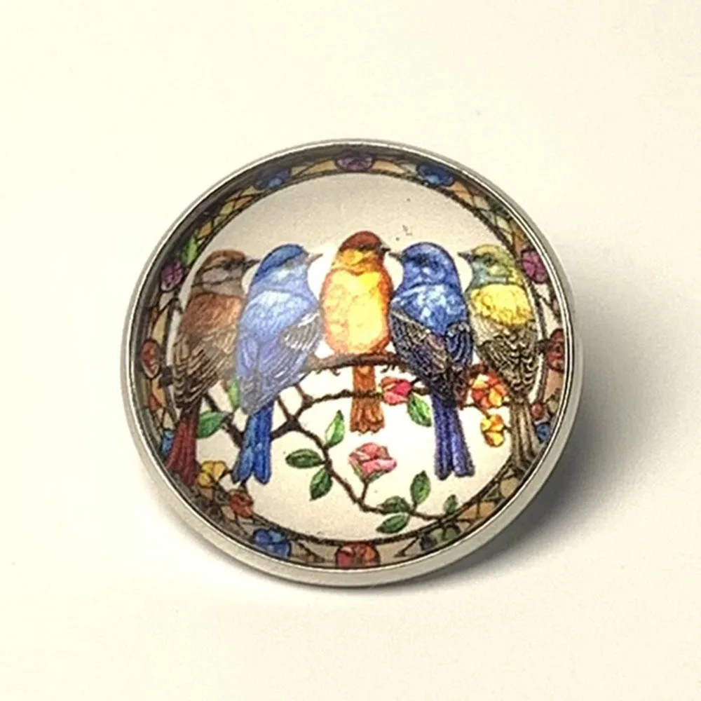 Round Alloy Time Gem Brooch, Stained Glass Owl Bird Peacock Lapel Pin, Avian Dome Clothing Badge Gift for Wildlife Nature Lovers