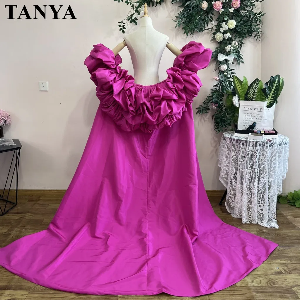 Fuchsia Taffeta Evening Dress Cape Fashionable Short Sleeves Tiered Ruched Taffeta Long Bolero Formal Lady Dress Outfit Cloak