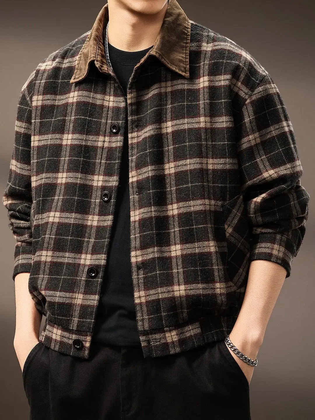 

Мужская куртка с американским клетчатым воротником в стиле ретро, тяжелая длинная верхняя одежда Sve ort Sle, молодежный модный топ из смеси хлопка из полиэстера