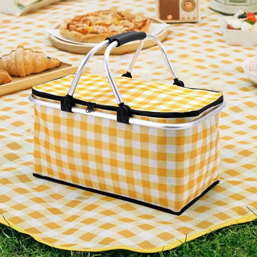 

Aluminum Alloy Handle Outdoor Picnic Bag Colorful Plaid Large-capacity Travel Thermal Bag Two-way Zipper Waterproof