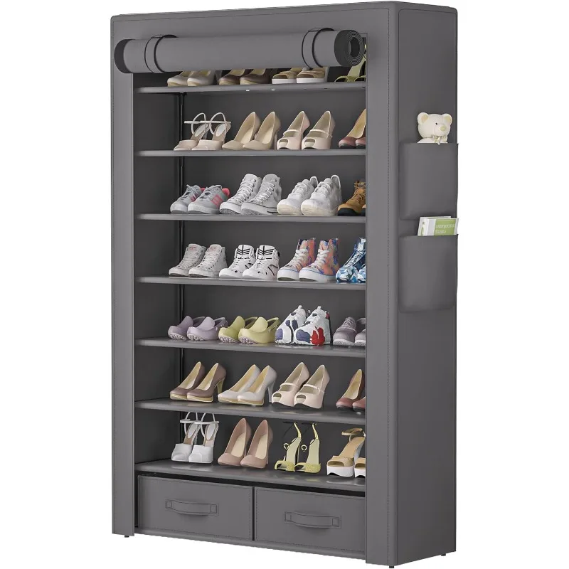 

Shoe Rack Storage Cabinet 32 Pairs Organizer Shelf Tall with Cover Two Boxes Closet