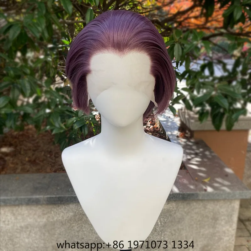 Widow‘s Peak Purple Mixed Synthetic Wig for Men 13x4 Lace Front Wigs Short Bob Cut Cosplay Wigs for Women 150% Density Glueless