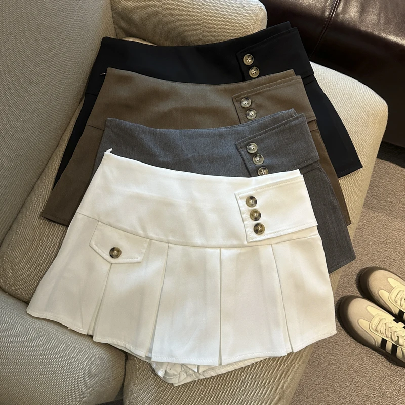 Women's Summer School Style Pleated Short Skirt Lady High Waist Buttons A Line Mini Skirt