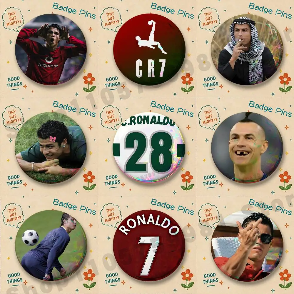 R-Ronaldo Football CR7 Round Pins Cartoon Brooches Stylish Ornament Badge for Backpack Accessorys Gifts