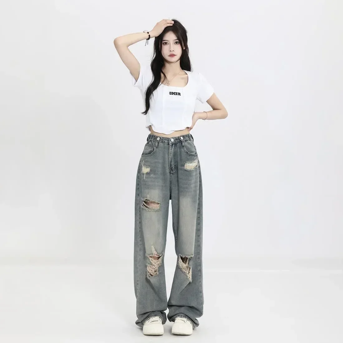 

Retro Ripped Jeans Women's High Waist Straight Loose and Thin Design Sense High Street Vibe Wide Leg Mopping Pants