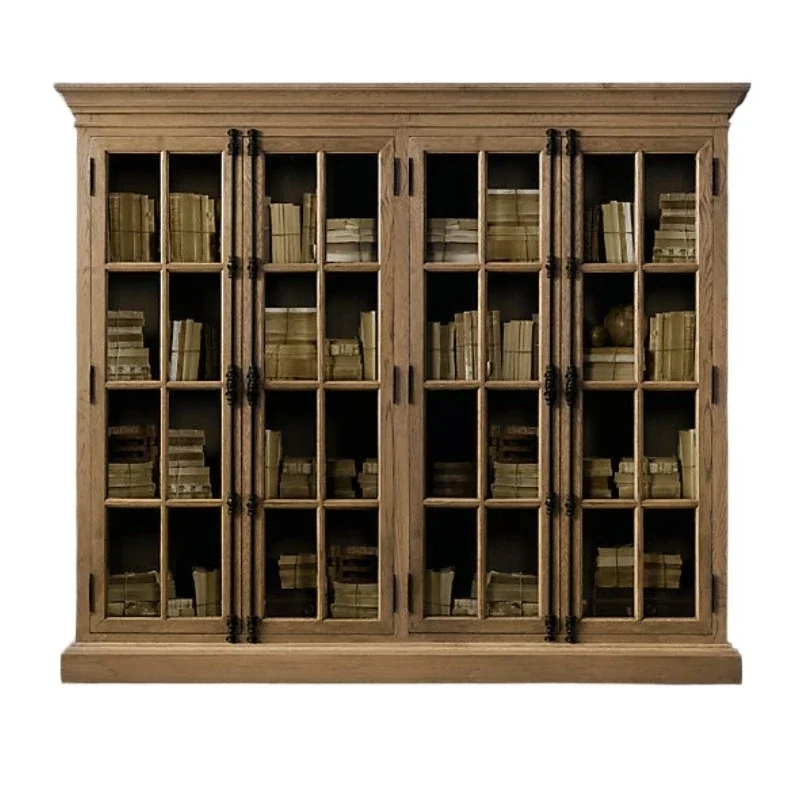 

American country glass door bookcase wine cabinet French retro solid wood living room locker study file collection bookshelf