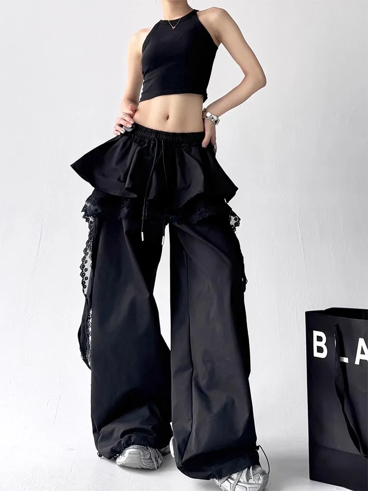 Y2K الطبقات تنورة السراويل النساء الدانتيل المرقعة واسعة الساق السراويل الشارع الشهير ملابس العمل سراويل تقليدية الموضة #5