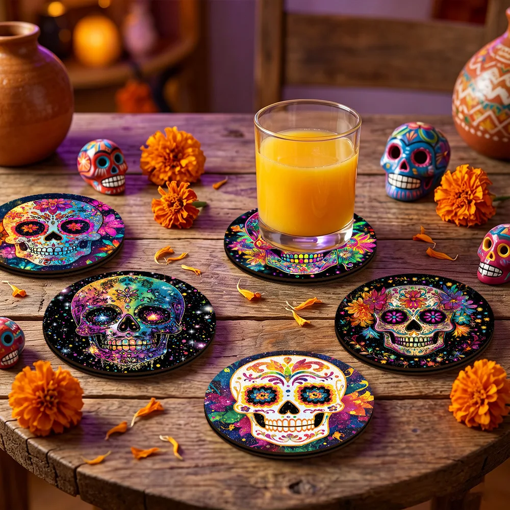 4PCS Day of The Dead Sugar Skull Wooden Coasters, Calavera Round Drink Mats, Dia De Los Muertos Decoupage Tabletop Protectors