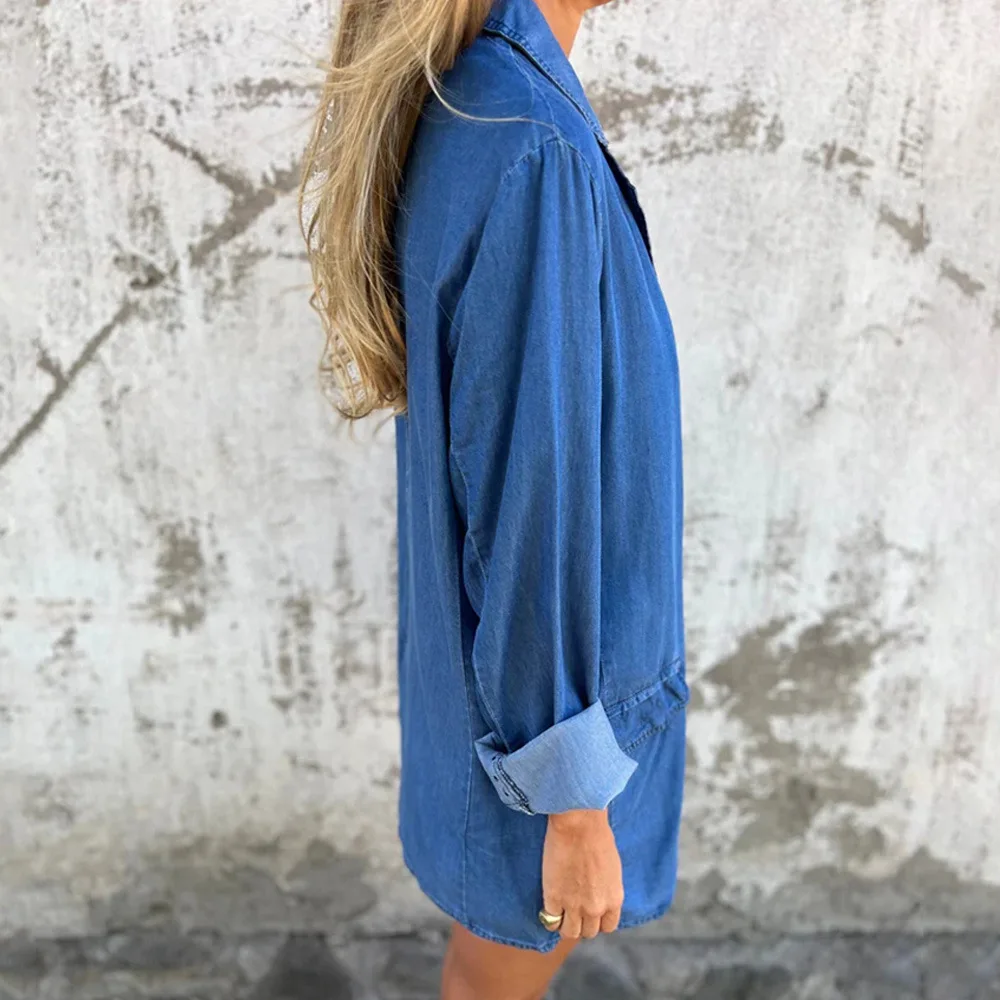 Women'S Casual Loose Denim Shirt Pockets Jacket Casual Long Sleeve Suit Jean Jackets Commut Coat Vintage Office Lady Autumn Tops