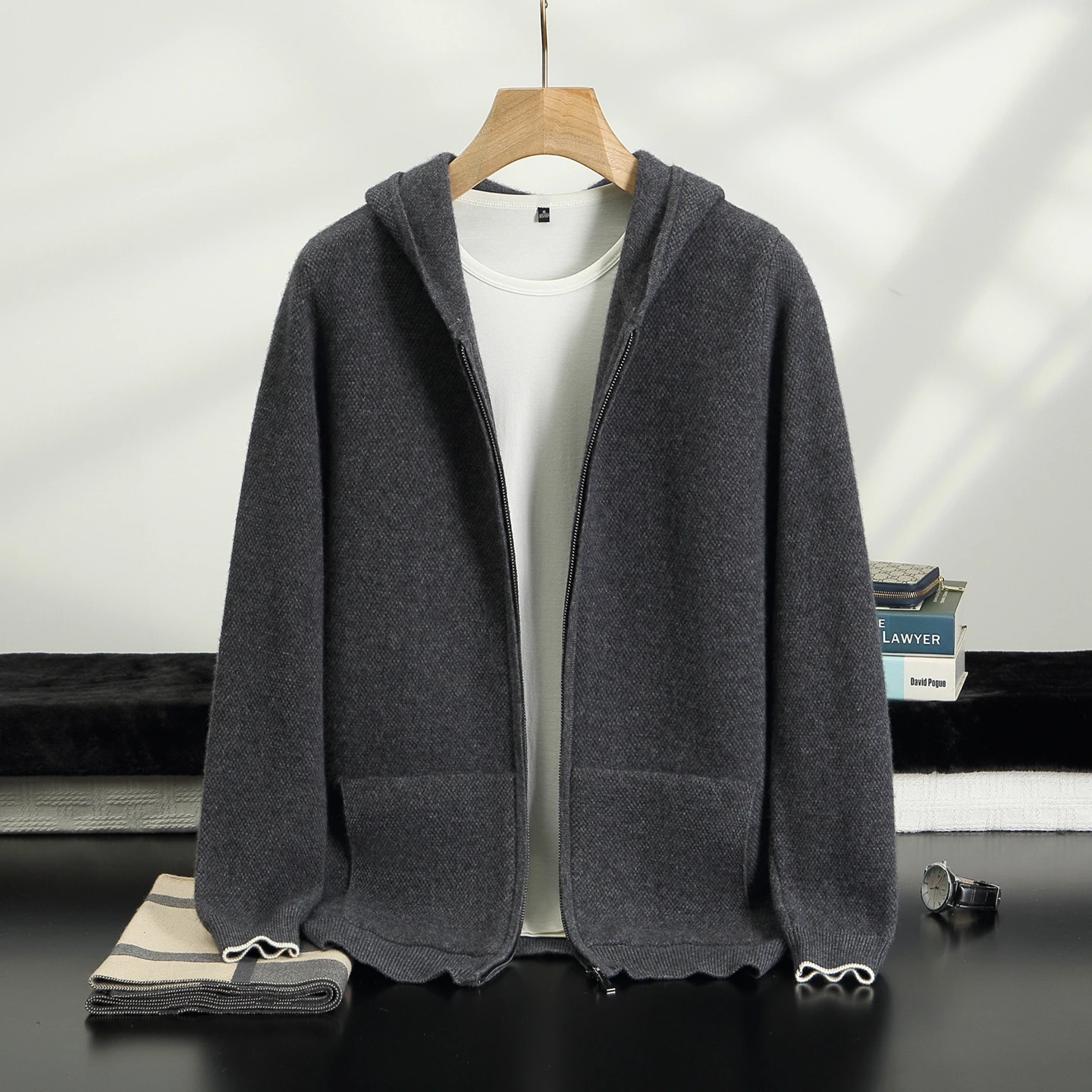 2026 Men's 100% Cashmere Cardigan Sweaters casual knitted Hoodie Autumn Winter Male business Zipper Pure Cashmere Sweater Coat