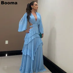 Booma A-Line Prom Dresses Deep V Neck Tiered Chiffon Special Occasion Dresses for Women Puff Sleeves Beach Evening Gowns